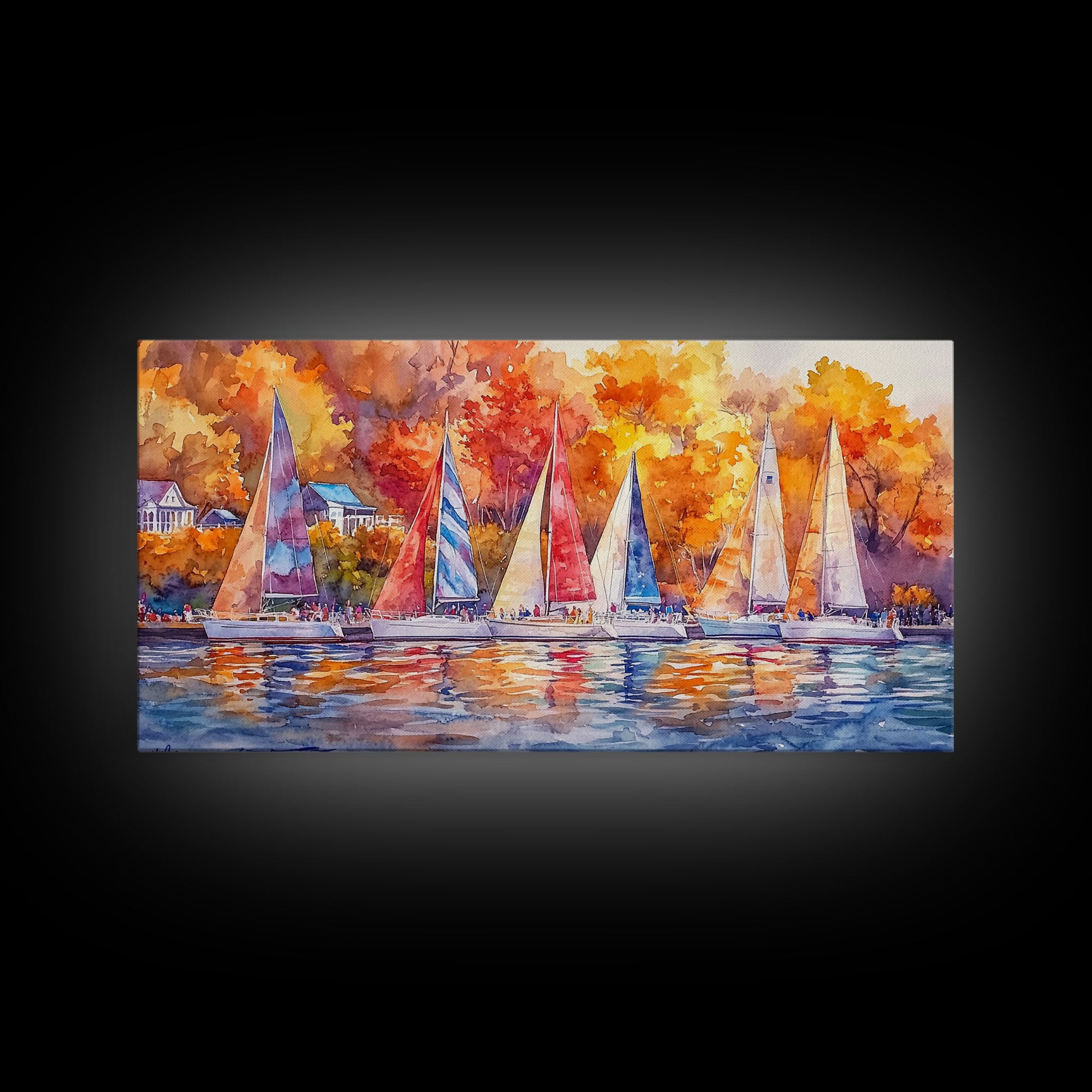 Sailboats in autumn harbor framed canvas print, colorful fall decor, rustic nautical wall art, autumn home decor, fall landscape wall art