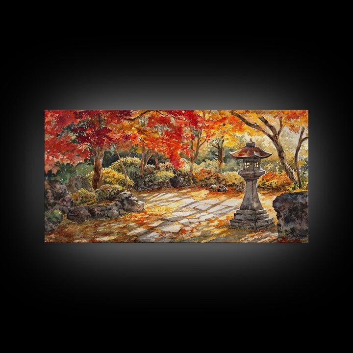 Beautiful Autumn Garden Path with Lantern, Fall Decor, Watercolor Landscape Art, Framed Canvas Print, Wall Art, Farmhouse Decor, Gift Idea