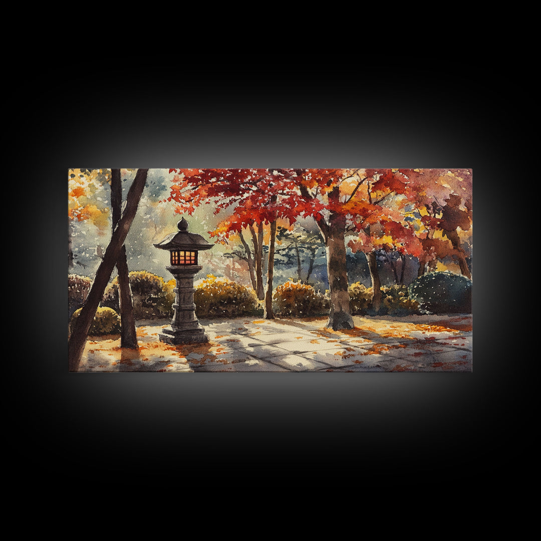 Lantern-Lit Autumn Pathway in Garden, Fall Wall Art, Watercolor Canvas Print, Autumn Home Decor, Gallery Wall, Farmhouse Decor Gift Idea