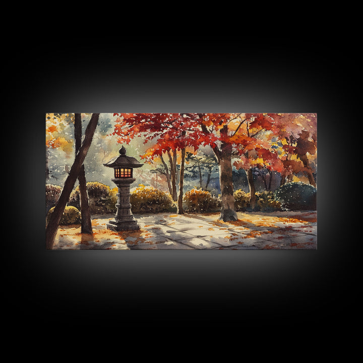 Lantern-Lit Autumn Pathway in Garden, Fall Wall Art, Watercolor Canvas Print, Autumn Home Decor, Gallery Wall, Farmhouse Decor Gift Idea