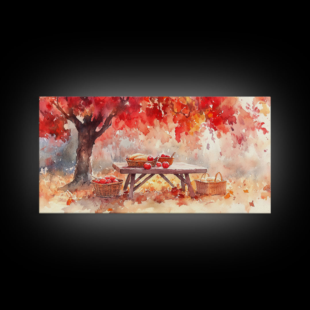 Fall Harvest Picnic Scene, Farmhouse Fall Decor, Framed Canvas Print, Seasonal Wall Art, Country Home Decor, Watercolor Artwork Gift Idea