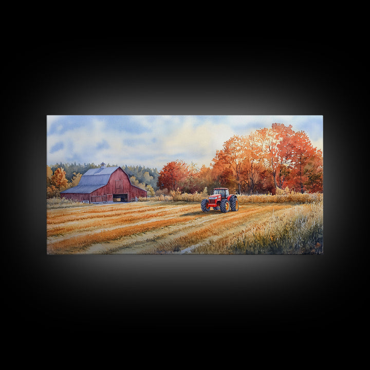 Red Barn in Autumn Landscape, Framed Canvas Print, Farmhouse Fall Decor, Watercolor Wall Art, Above Sofa Art, Wall Decor, Gift Idea 2024