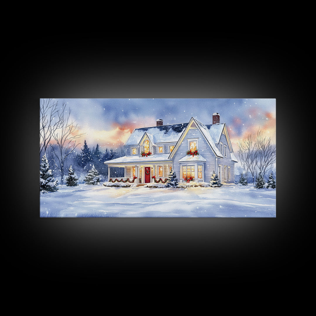 Cozy Winter House with Snowy Landscape, Christmas Decor, Framed Canvas Print, Farmhouse Christmas Decor, Seasonal Wall Art, Gift Idea