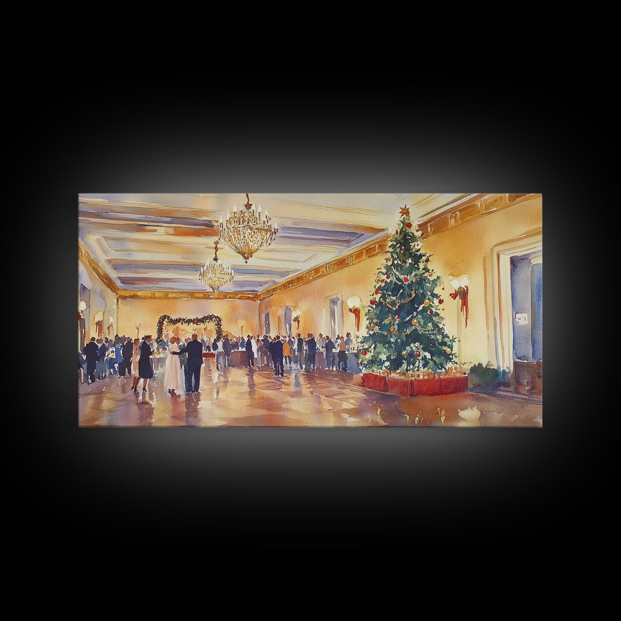 Elegant Ballroom Christmas Party Scene, Framed Canvas Print, Holiday Wall Art, Christmas Decor, Wall Art, Seasonal Decor, Best Gift Idea