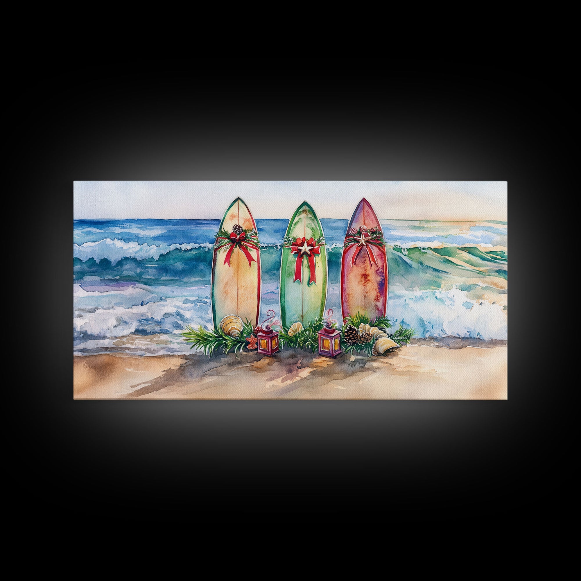 Beach Christmas Decor with Surfboards, Tropical Christmas Art, Framed Canvas Print, Watercolor Wall Art, Coastal Holiday Decor Art Gift Idea