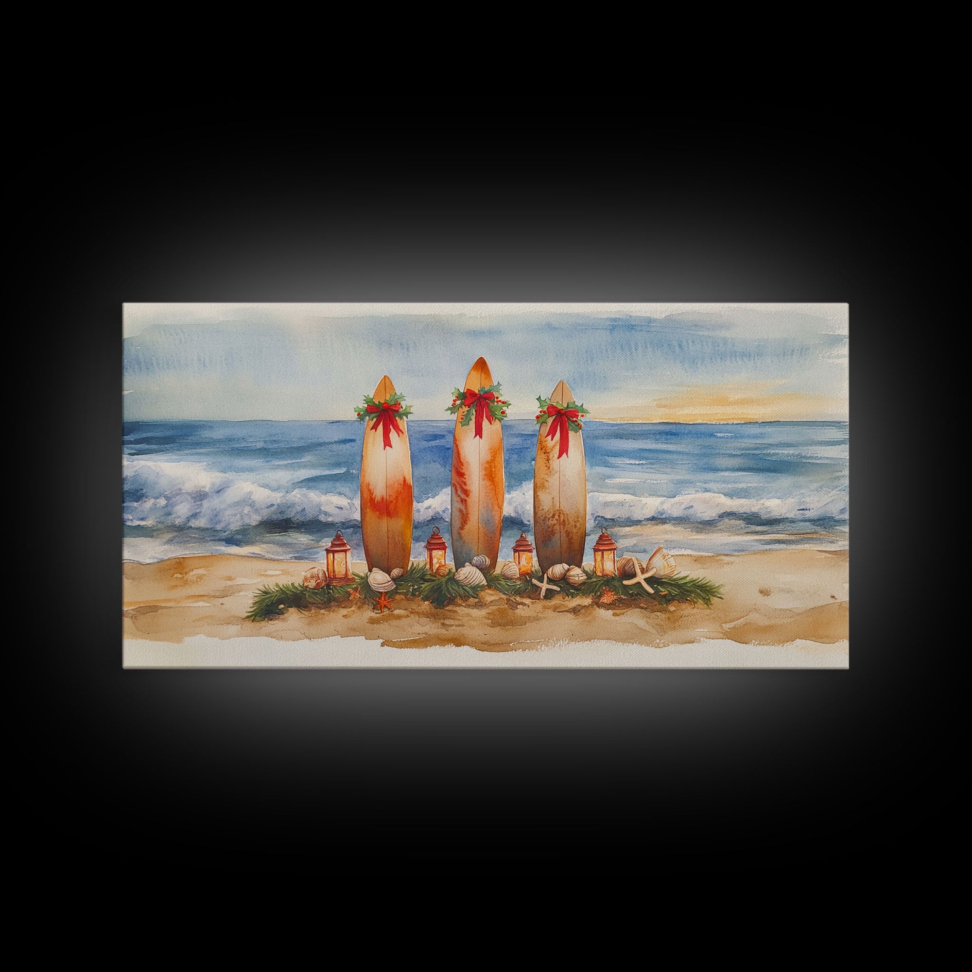 Coastal Christmas Surfboard Scene, Beach Christmas Decor, Framed Canvas Print, Watercolor Wall Art, Tropical Holiday Decor, Best Gift Idea