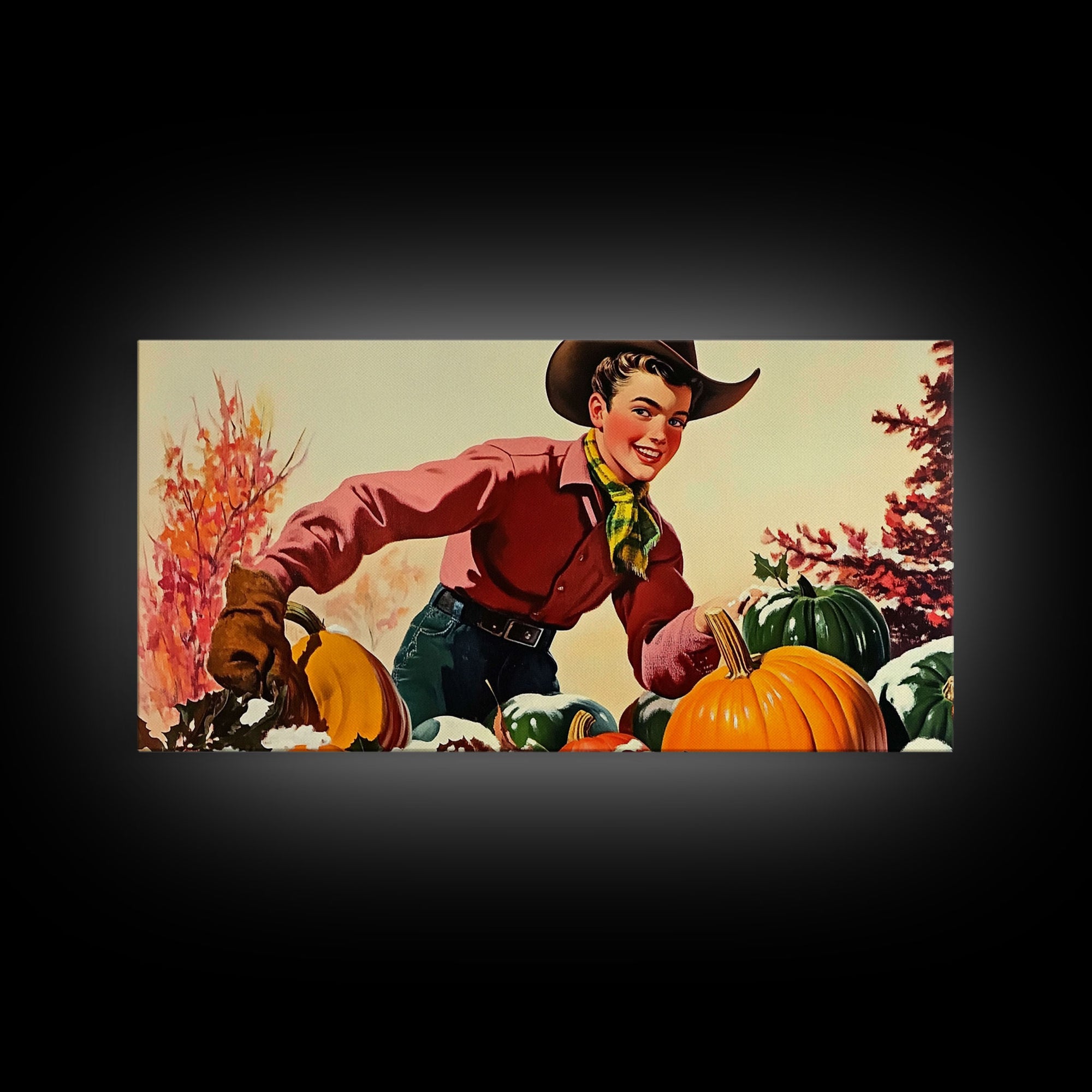 Autumn Cowboy with Pumpkins Framed Canvas Print, Vintage Fall Decor, Gift Idea, Farmhouse Wall Art, Rustic Pumpkin Patch, Holiday Home Decor
