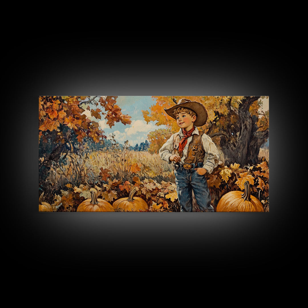 Vintage Fall Cowboy Framed Canvas Print, Retro Autumn Wall Art, Farmhouse Pumpkin Patch, Gift Idea, Harvest Home Decor, Rustic Art Piece