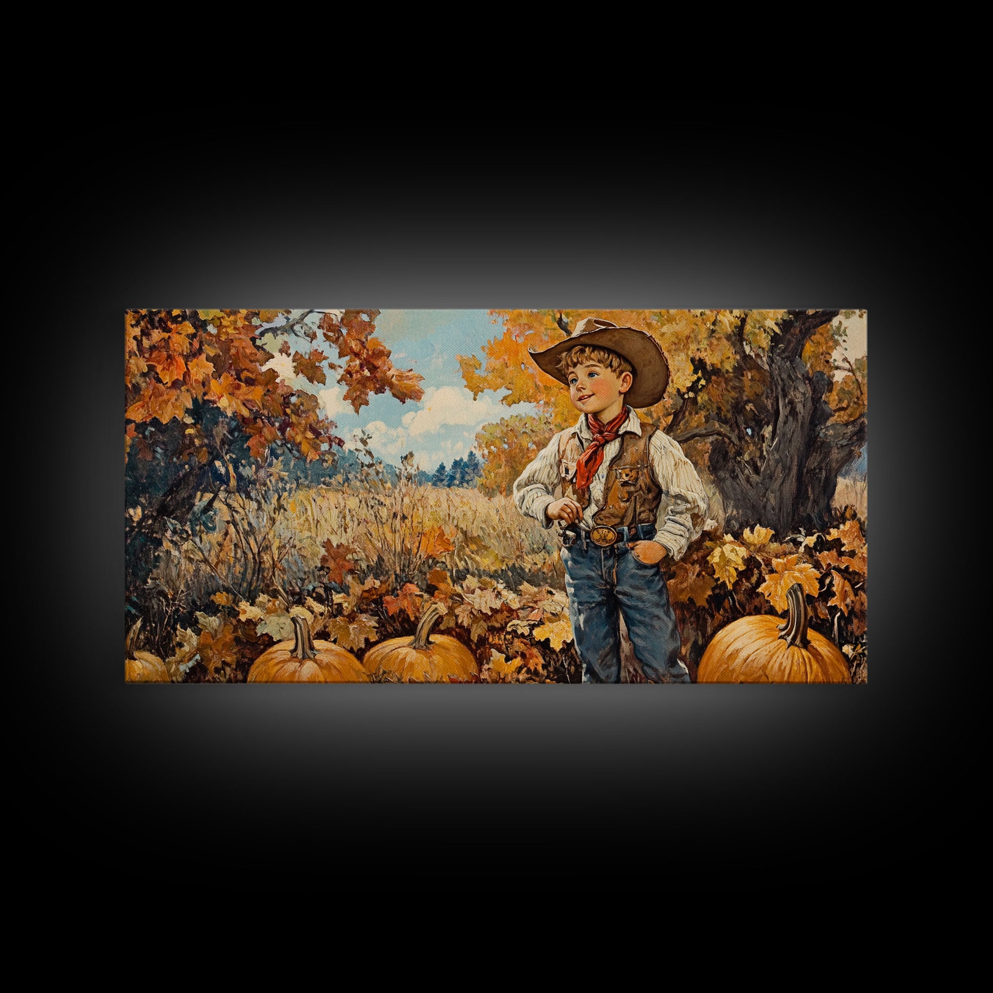 Vintage Fall Cowboy Framed Canvas Print, Retro Autumn Wall Art, Farmhouse Pumpkin Patch, Gift Idea, Harvest Home Decor, Rustic Art Piece