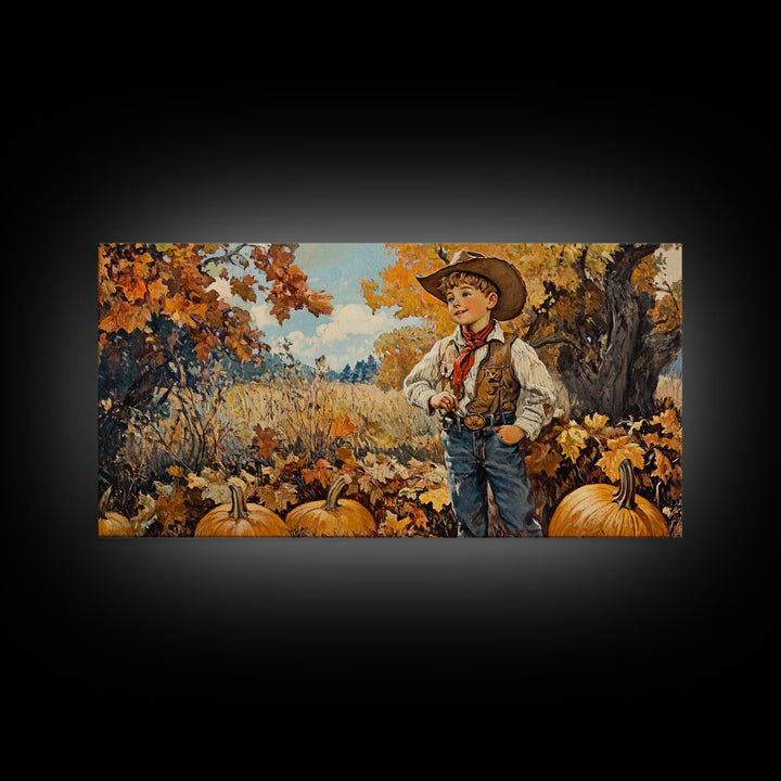 Vintage Fall Cowboy Framed Canvas Print, Retro Autumn Wall Art, Farmhouse Pumpkin Patch, Gift Idea, Harvest Home Decor, Rustic Art Piece