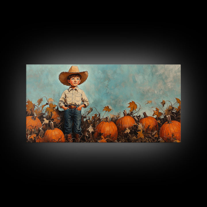 Cowboy Boy with Pumpkins Framed Canvas Print, Fall Wall Art, Rustic Farmhouse Decor, Vintage Harvest Print, Gift Idea, Holiday Home Decor