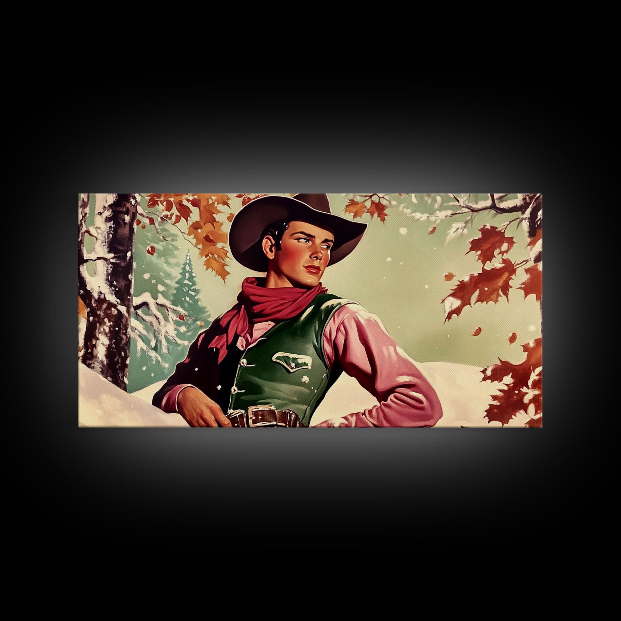 Snowy Cowboy Winter Decor Framed Canvas Print Western Holiday Art Moody Landscape Christmas Gift Wall Art Seasonal Decor