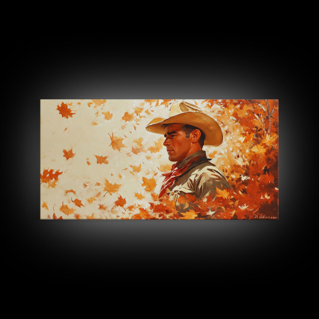 Cowboy and Fall Leaves, Framed Canvas Print Seasonal Wall Art Christmas Cowboy Gift Winter Landscape Wall Decor