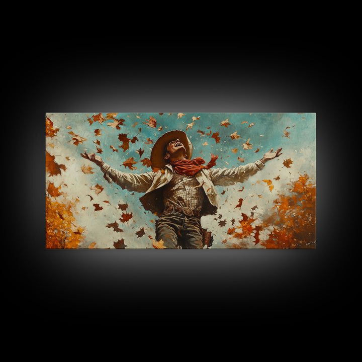 Cowboy Throwing Leaves In The Air, Funny Western Decor, Framed Canvas Print, Mood Lifting Wall Art, Fall Decor
