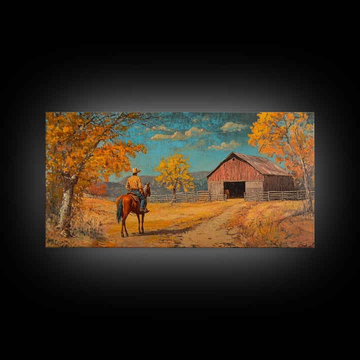 Cowboy Horse Autumn River Framed Canvas Print Perfect Above Sofa Fall Cowboy Art Moody Landscape Fall Western Wall Art