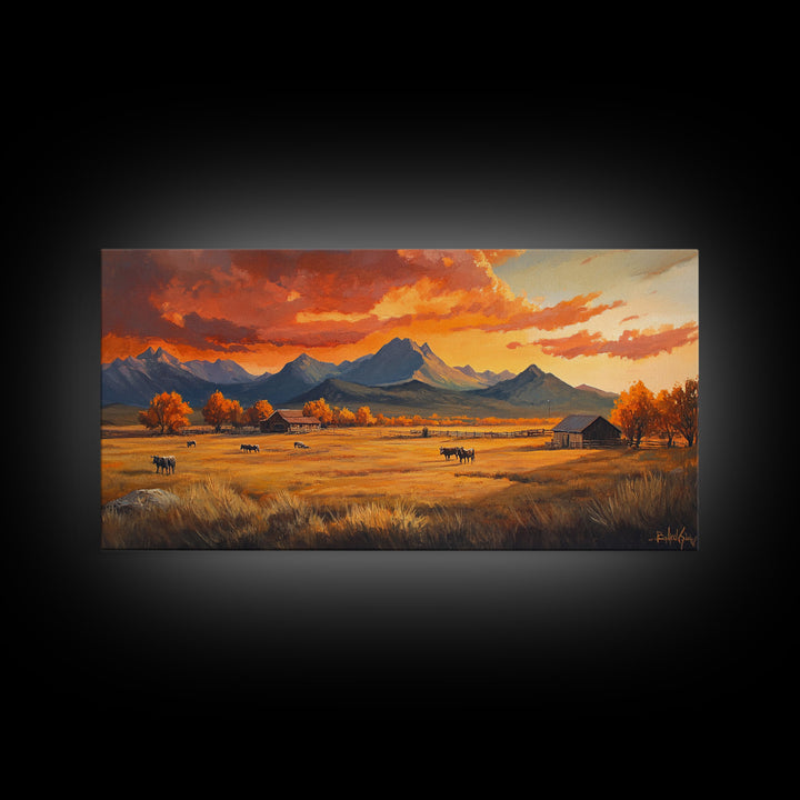 Fall Sunset Framed Canvas Print Scenic Ranch Landscape Art Autumn Wall Decor Ideal Holiday Home Decor and Gift for Farmhouse Style