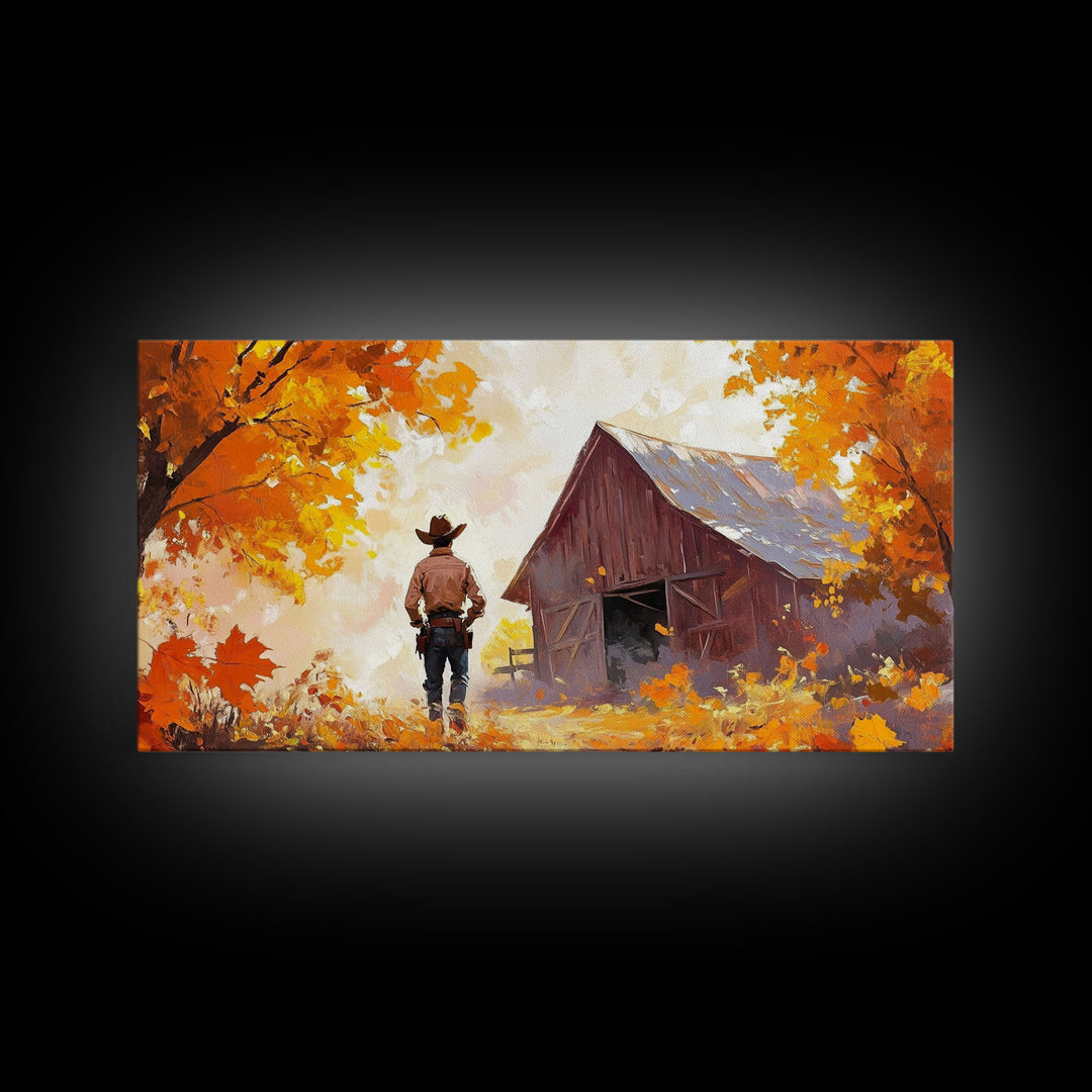 Cowboy and His Barn, Framed Canvas Print, Landscape Art Christmas Cowboy Holiday Art Wall Decor Seasonal