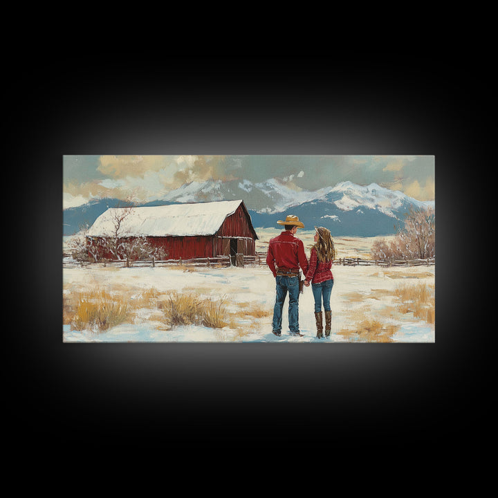 Our First House, Framed Canvas Print, Winter Landscape and Red Barn Painting, Rustic Farmhouse Decor, Outdoor Decor Christmas, Vintage Art