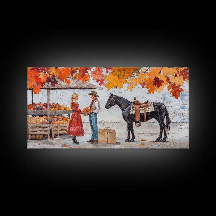 Cute Cowboy & Cowgirl Meet At The Market, Autumn Landscape Fall Colors Horse Rider Wall Art Rustic Fall Wall Decor, Framed Canvas Print