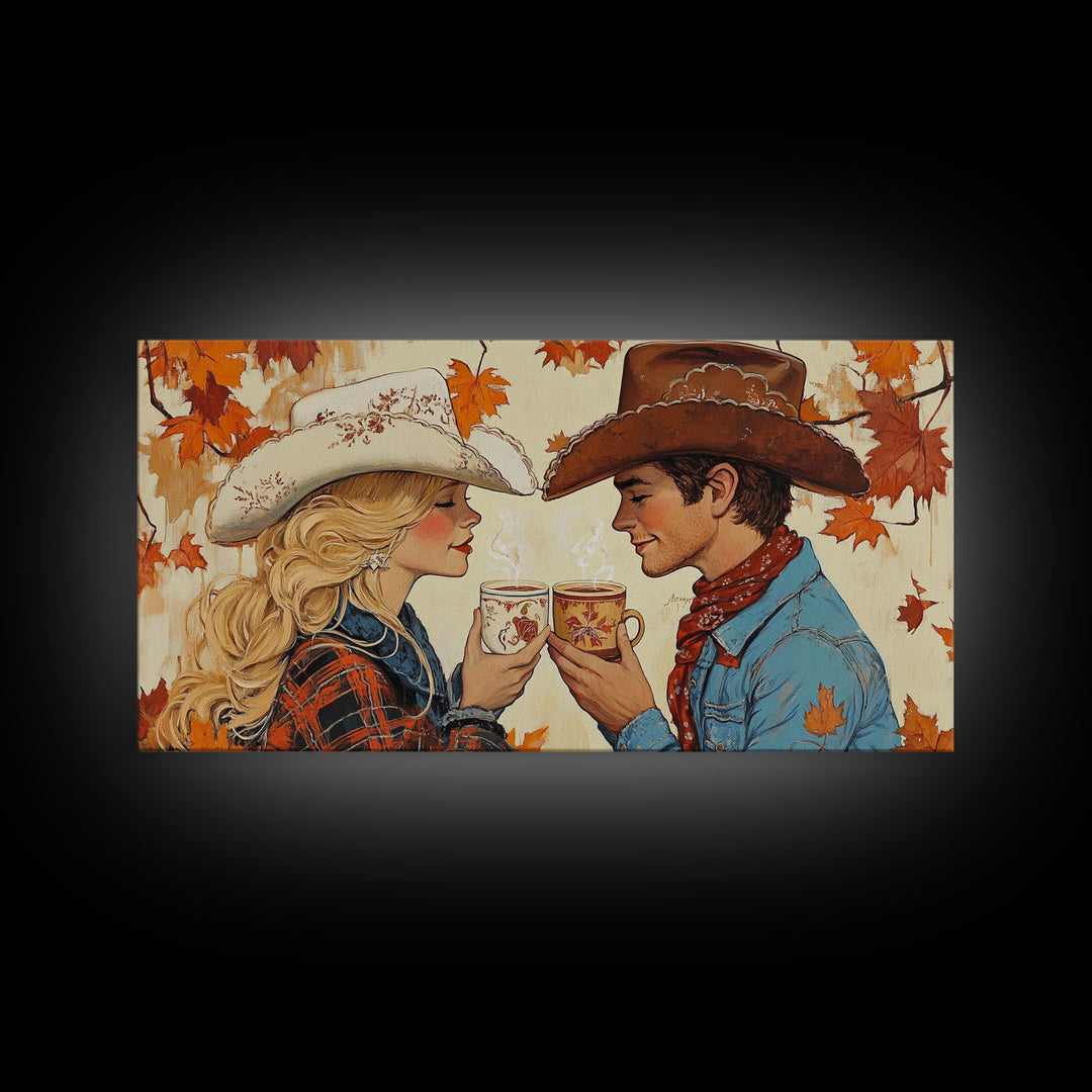 Cowgirl & Cowboy Enjoy Some Hot Chocolate, Art For Couples, Framed Canvas Print, Rustic Farmhouse Home Decor, Wall Art Rustic Decor