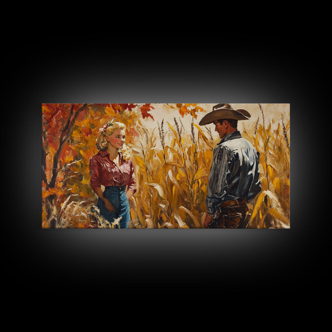 Cowboy & Cowgirl In Love, Framed Canvas Print, Vintage Holiday Winter Wall Art Western Christmas Decor