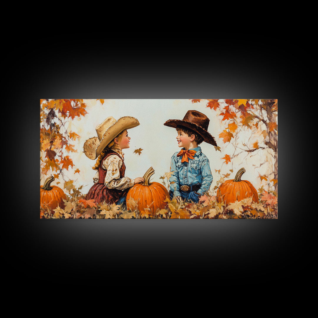 Cute Cowboy and Cowgirl In a Pumpkin Patch, Framed Canvas Print, 1950s Style Wall Art, Nursery Decor