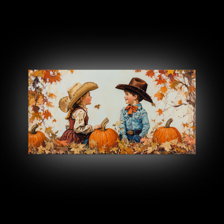Cute Cowboy and Cowgirl In a Pumpkin Patch, Framed Canvas Print, 1950s Style Wall Art, Nursery Decor