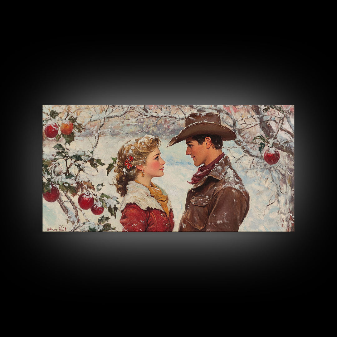 Cowboy and Cowgirl meet under the mistletoe, framed canvas print, cute winter wall art, Christmas home decor, seasonal rustic decor