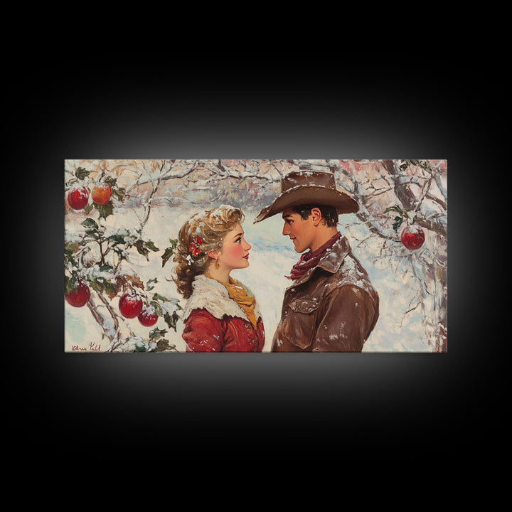 Cowboy and Cowgirl meet under the mistletoe, framed canvas print, cute winter wall art, Christmas home decor, seasonal rustic decor