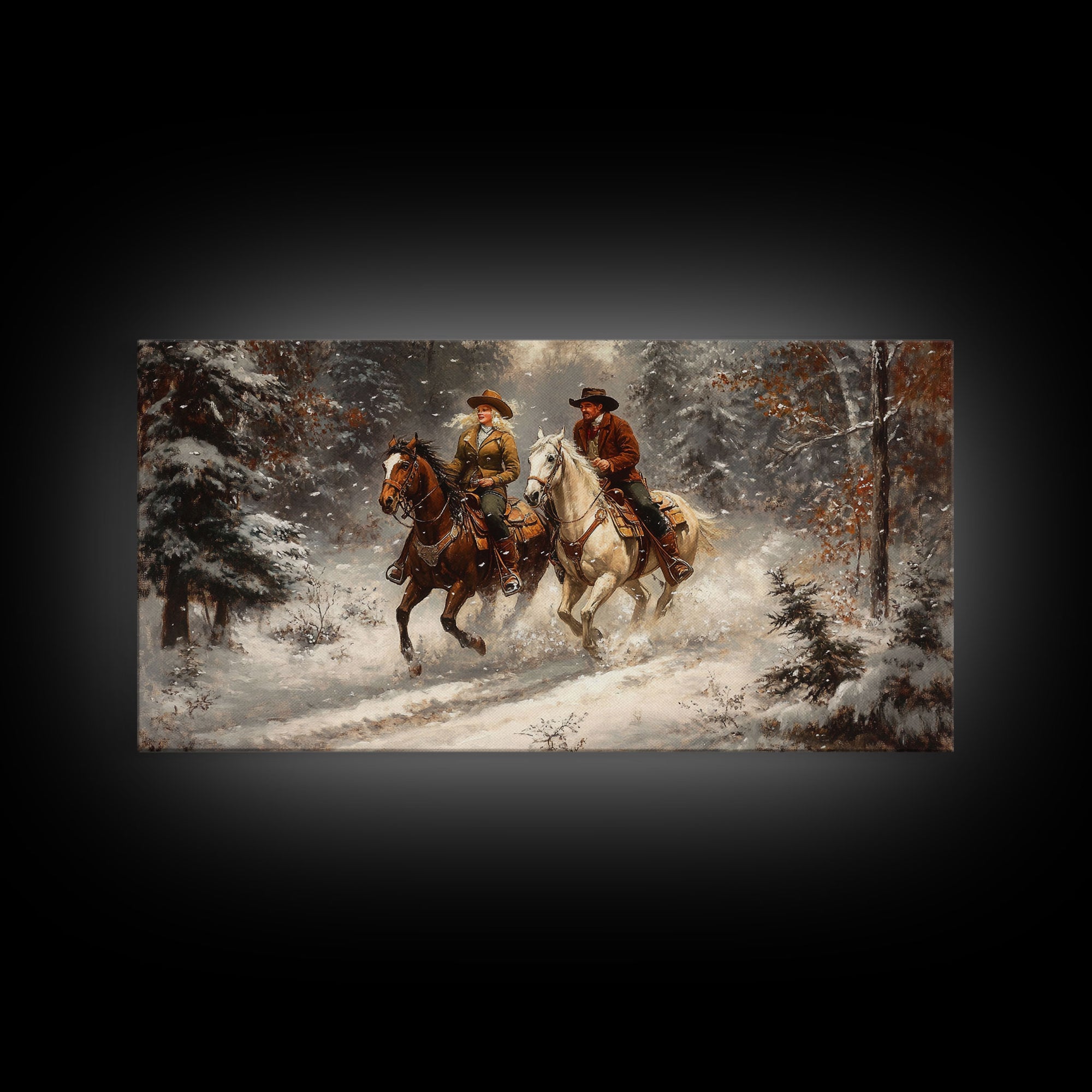 Riders In The Snow, Framed Canvas Print, Rustic Wall Decor, Primitive Art, wall art, warm fall colors, western decor, rustic farmhouse