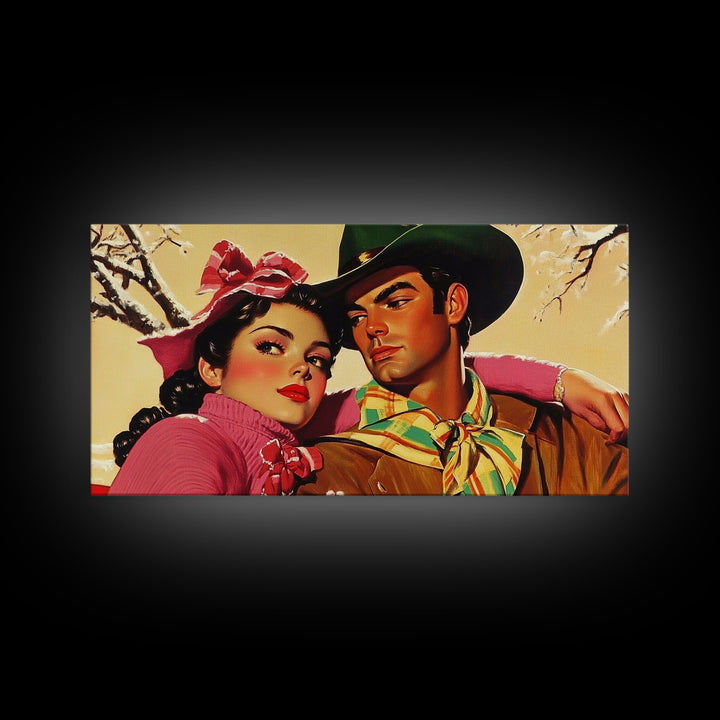 Retro 50s Style Cowboy and Cowgirl In Love, Gift For Couples, Framed Canvas Print, vintage wall art, rustic decor, classic western print