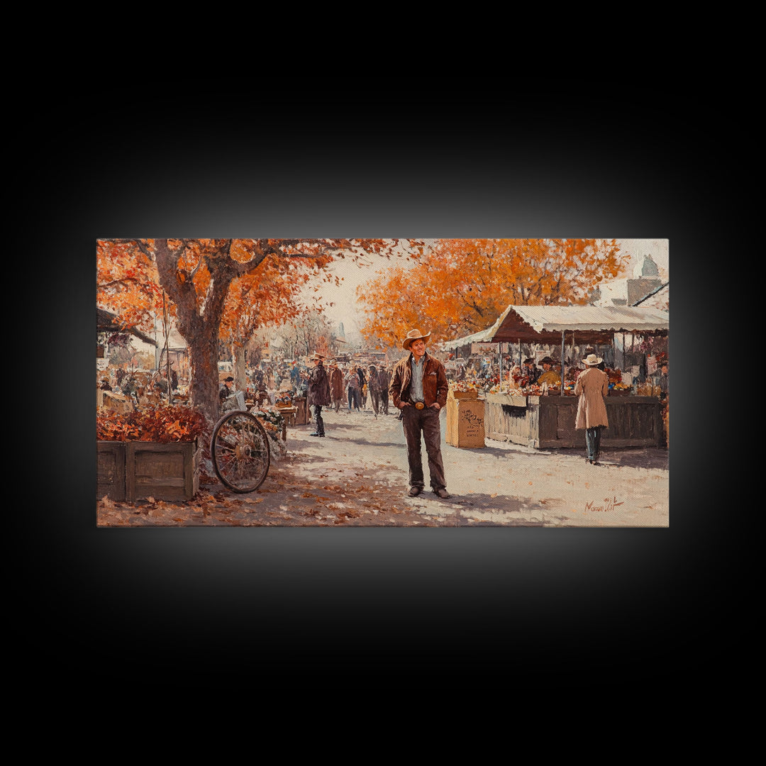 Cowboy in green jacket, snow-capped mountains trees, Framed Canvas Print, tall western Christmas wall art, winter decor, colorful landscape