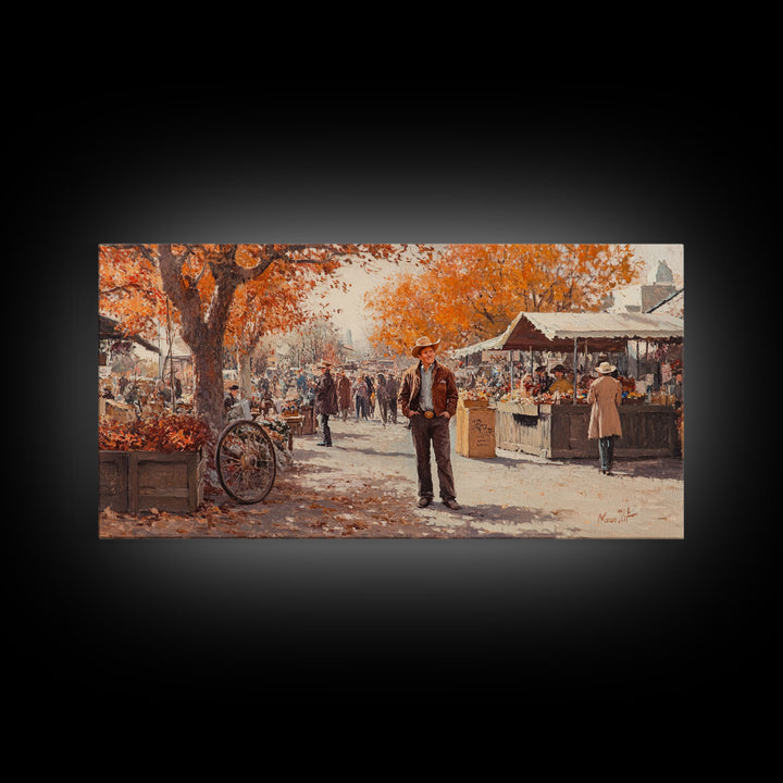 Cowboy in green jacket, snow-capped mountains trees, Framed Canvas Print, tall western Christmas wall art, winter decor, colorful landscape