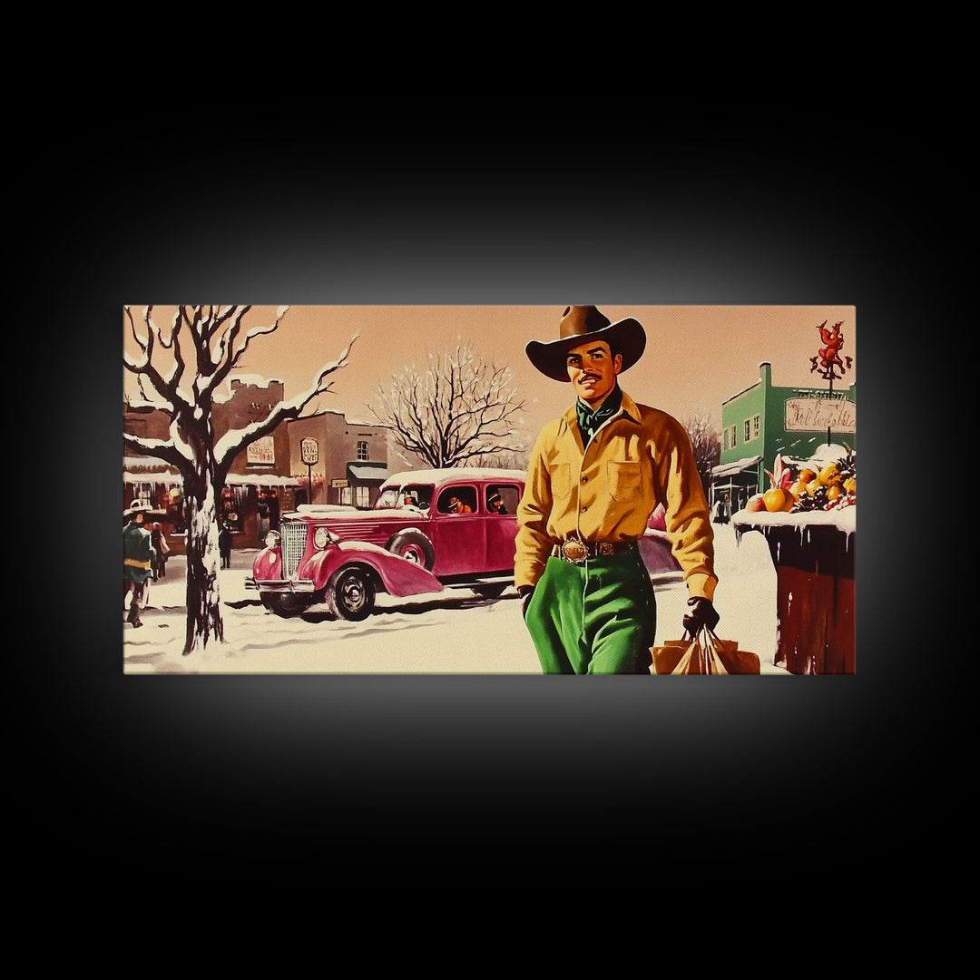 Retro 1950's Style Cowboy, Framed Canvas Print, Pastel Colors, Vintage Inspired Home Decor For Christmas