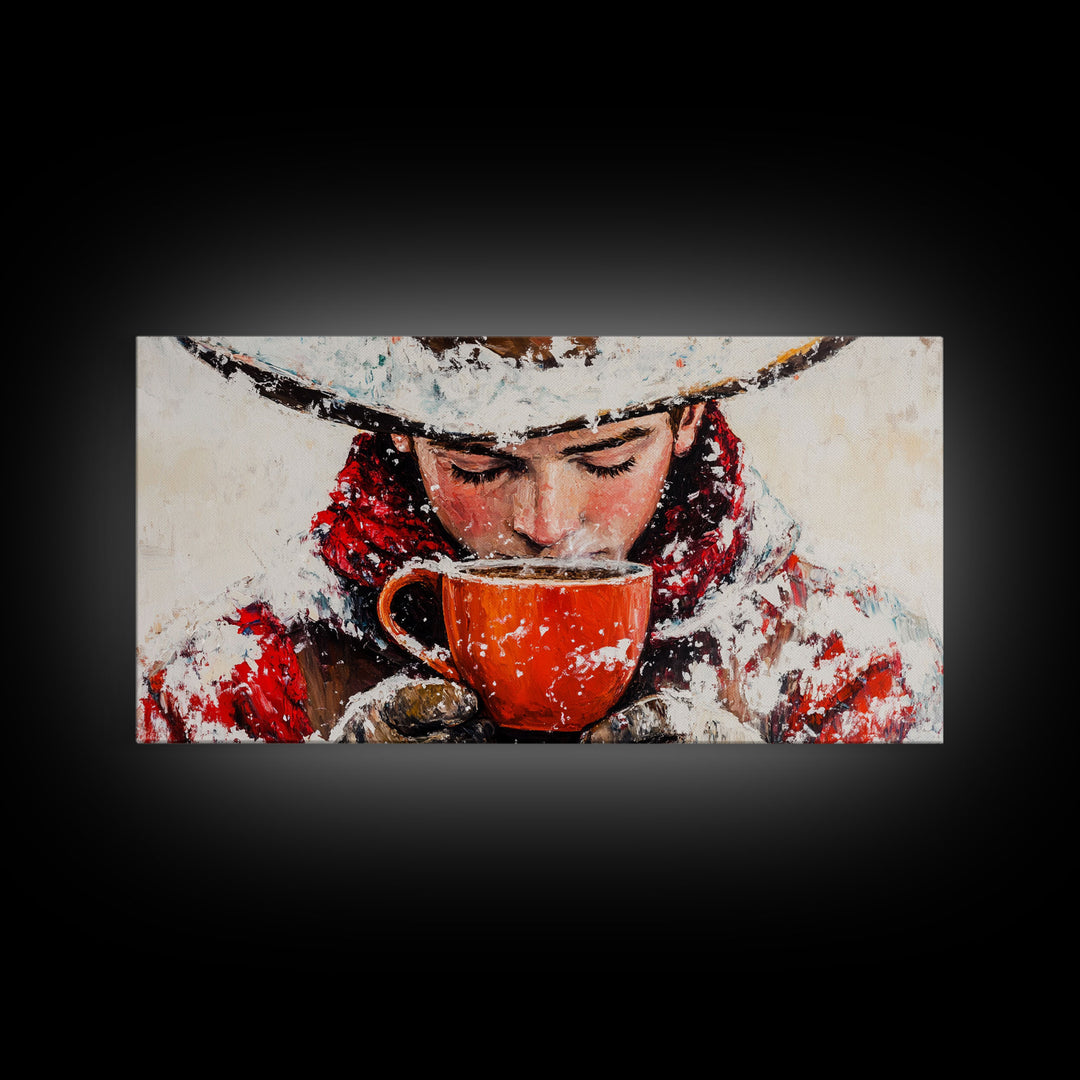 Cowboy in forest with burning fire, deep autumn hues, Framed Canvas Print, moody landscape, fall western art, rustic wall piece, wall decor