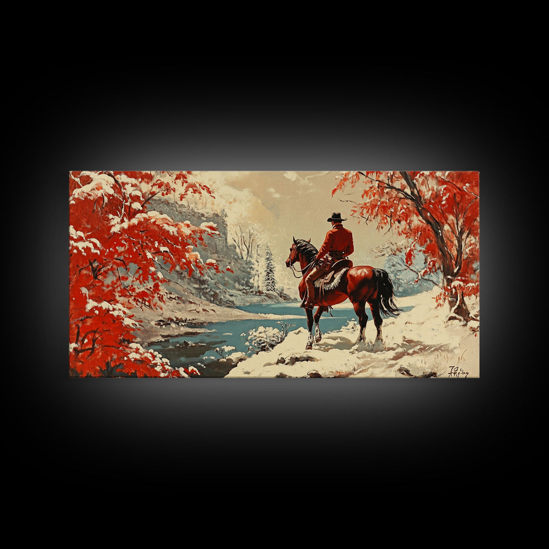 Cowboy resting by campfire under aspen trees with mountains in background, Framed Canvas Print, rustic wall art, warm western decor piece