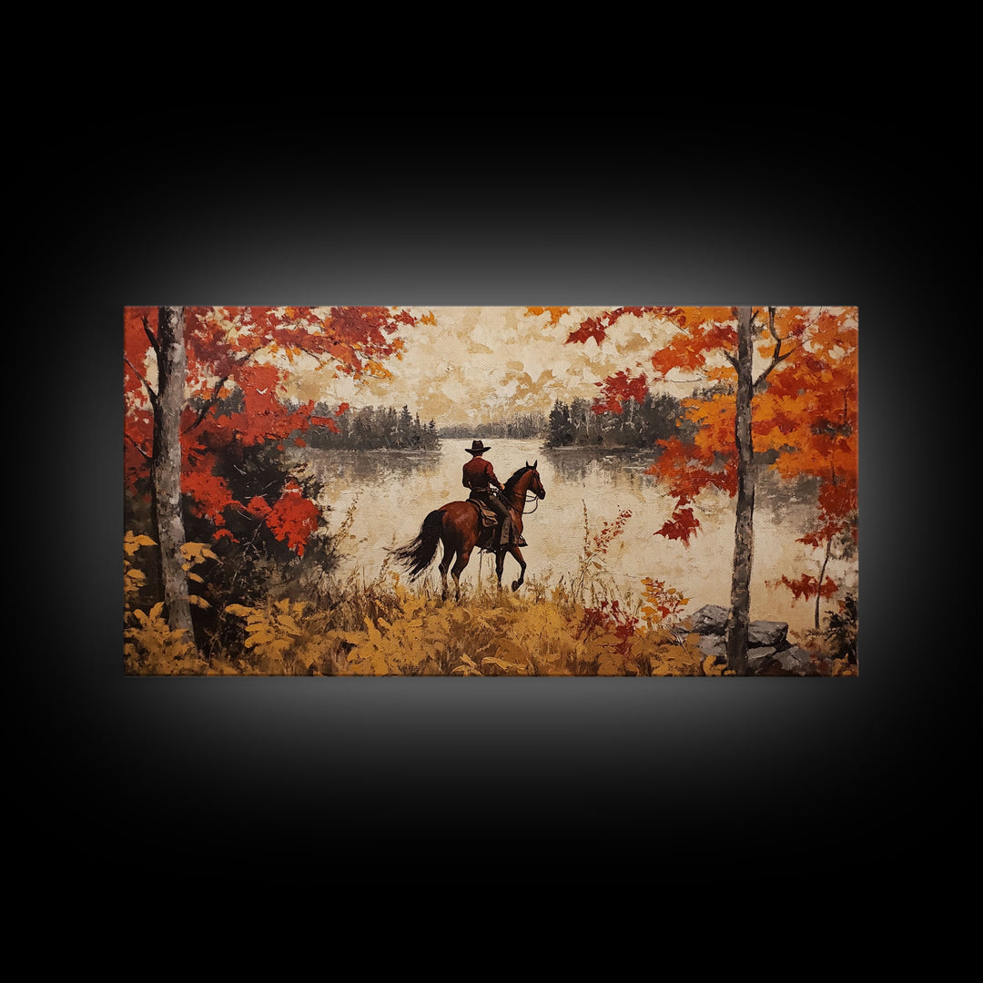 Cowboy on mountainside with red autumn leaves rugged cliffs, Framed Canvas Print, fall landscape wall art, western decor with warm colors