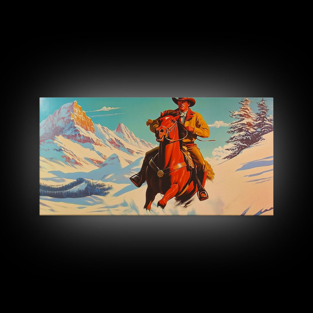 Cowboy in red jacket riding through snow-covered forest, Framed Canvas Print, vibrant winter wall art, rustic western decor