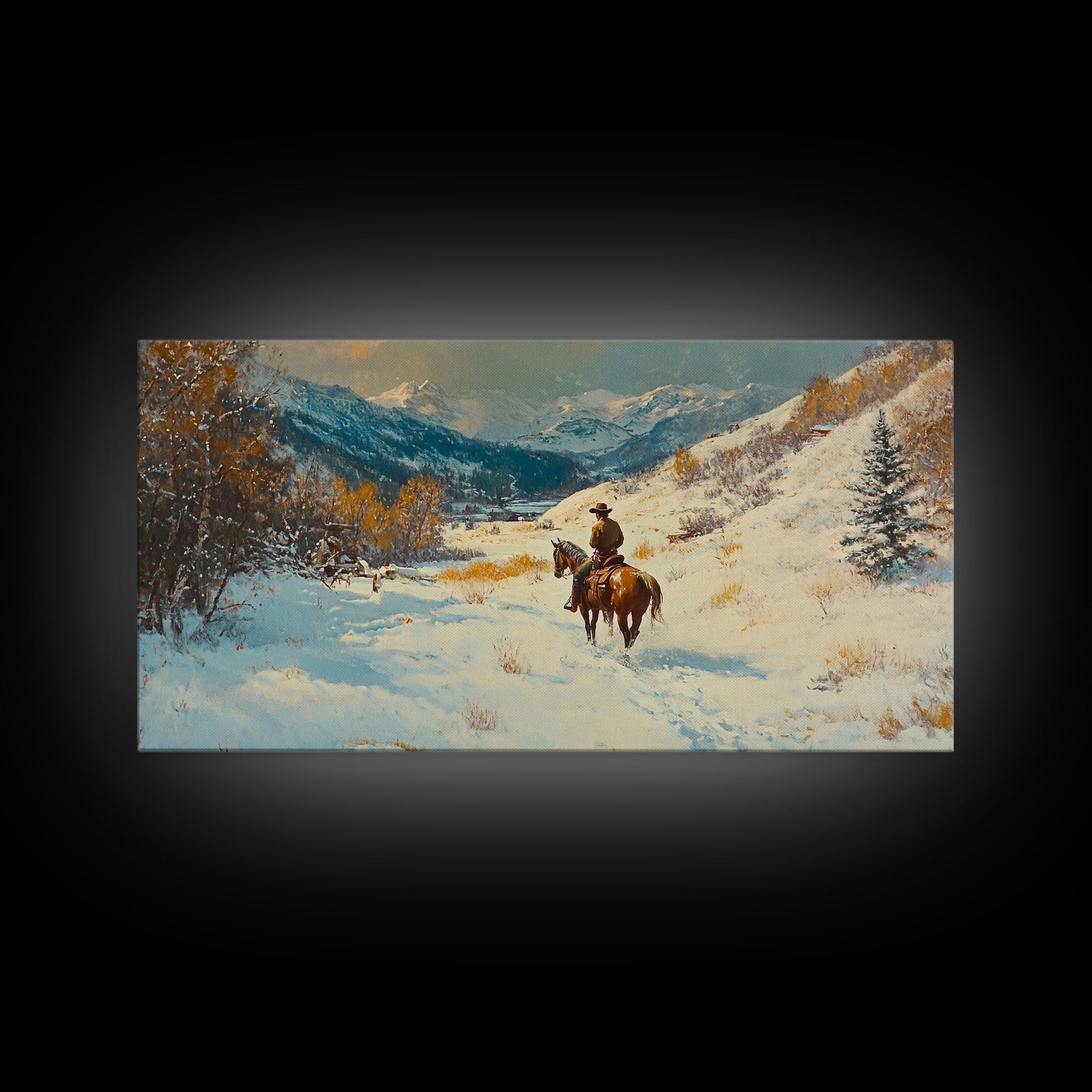 Cowgirl with yellow scarf in fall forest, Framed Canvas Print, tall dramatic black white wall art with a pop of color, moody autumn decor
