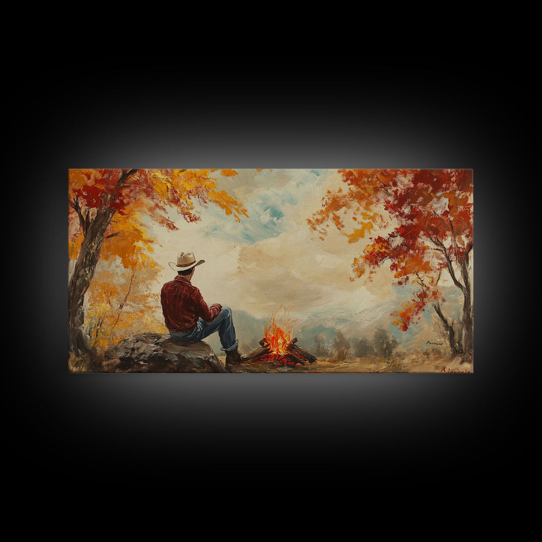Cheerful Framed Canvas Print of a woman in a cowboy hat enjoying a coffee by fall colors, perfect vintage autumn wall art decor
