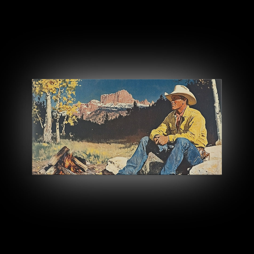 Bold monochromatic Framed Canvas Print showcasing a woman in a cowboy hat with horses in a snowy mountain landscape, rustic winter wall art