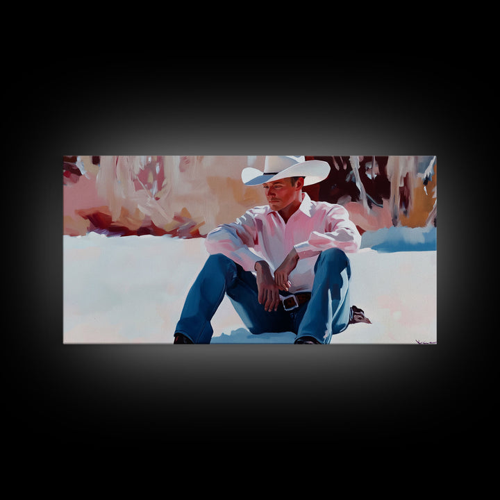 Fall harvest Framed Canvas Print featuring a cowgirl sitting among pumpkins in a rustic setting, farmhouse autumn decor and wall art