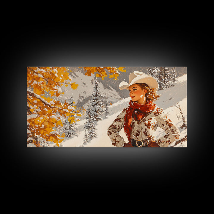 Charming Framed Canvas Print of a Cowgirl in Autumn Leaves, Perfect Fall Wall Decor and Gift Idea for Fans of Western Art Rustic Home Decor