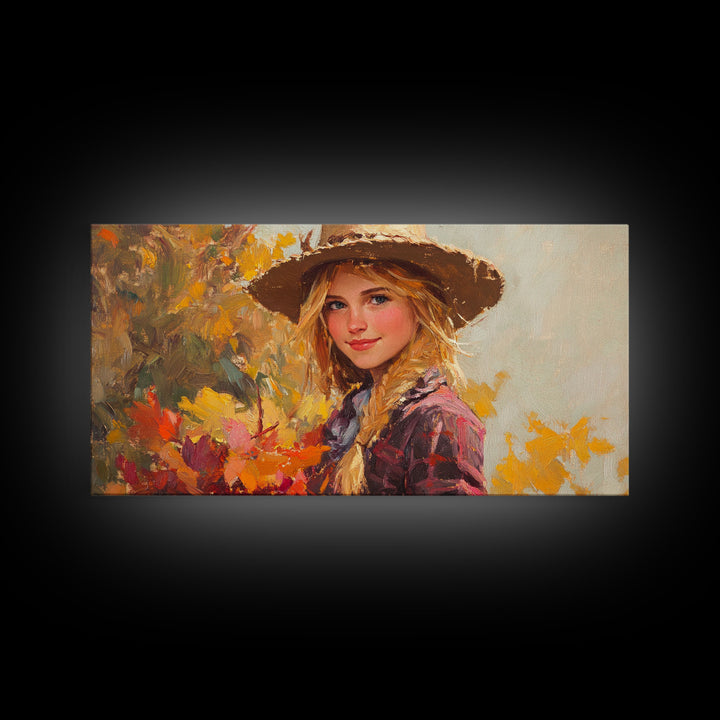 Cowgirl Amongst The Fall Leaves, Framed Canvas Print, Serene Fall Wall Decor, Perfect Rustic Seasonal Wall Art and Gift Idea
