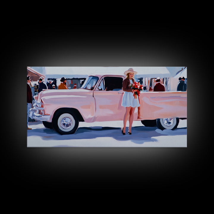 Cute Cowgirl and Her Pink Truck, Framed Canvas Print, Retro Pink Fall Decor, Wall Art Fall Home Decor, Ideal Gift Idea Rustic Seasonal Decor
