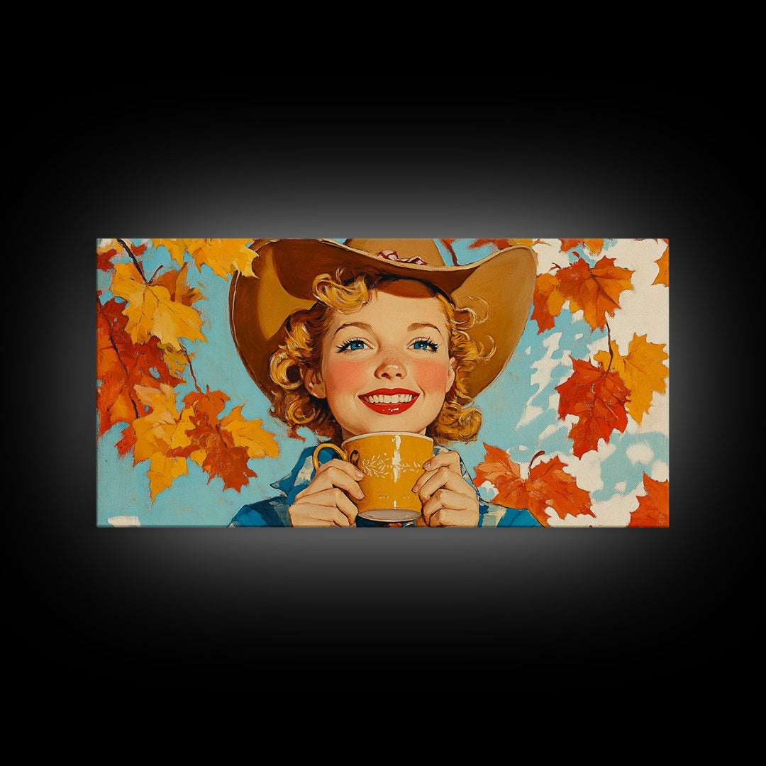 Cowgirl Having A Cup Of Joe, Framed Canvas Print, Farmhouse / Western Rustic Charm, Seasonal Art Piece to Warm Up Your Home Decor This Fall