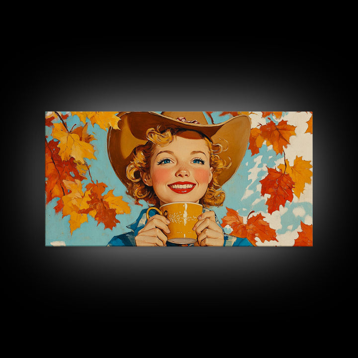 Cowgirl Having A Cup Of Joe, Framed Canvas Print, Farmhouse / Western Rustic Charm, Seasonal Art Piece to Warm Up Your Home Decor This Fall