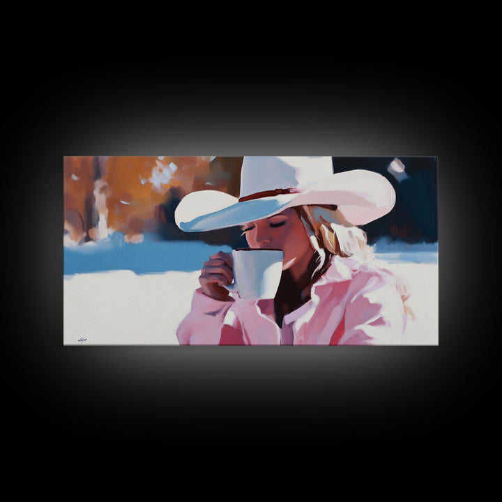 Cowgirl Enjoying A Cup of Coffee, Framed Canvas Print, Winter Wall Art, Pink Decor, Gift For Her, Seasonal Winter Home Decor