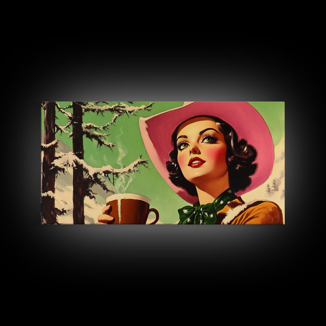 Retro Cowgirl Having A Cup Of Coffee, Framed Canvas Print, 1950s Style Wall Art, Vintage Art, Winter Decor, Watercolor Christmas Art