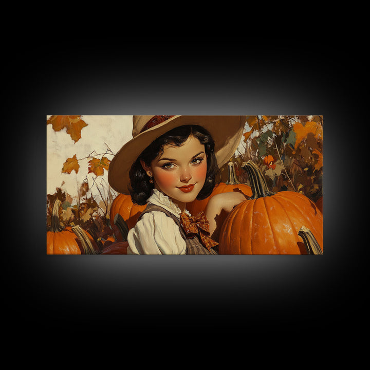 Cowgirl In A Pumpkin Patch, Framed Canvas Print, Retro Style Fall or Thanksgiving Wall Art, Farmhouse Decor, Christmas Wall Decor Gift